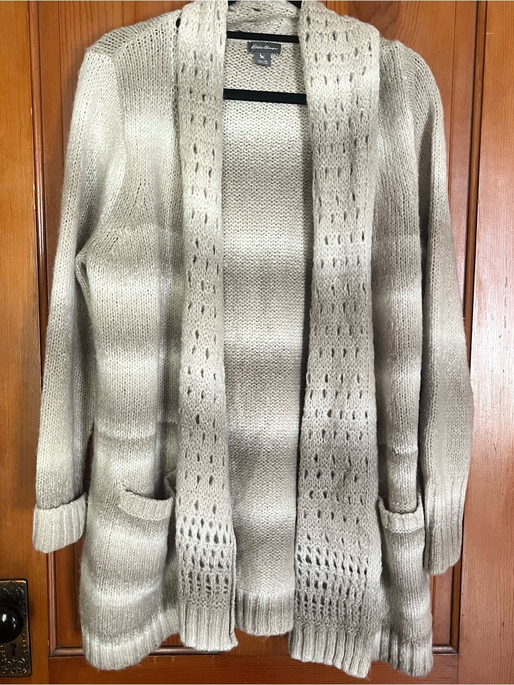 Eddie Bauer xl wool blend cardigan sweater granola crunchy oatmeal striped cozy